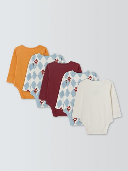 John Lewis Baby Fox Long Sleeve Bodysuits, Pack of 5, Burgundy Multi - view 2, Burgundy Multi