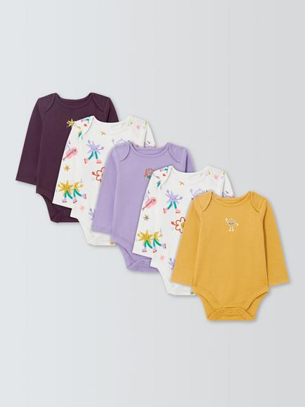John Lewis Baby Disco Long Sleeve Bodysuits, Pack of 5, Purple Multi, Purple Multi
