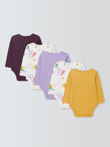 John Lewis Baby Disco Long Sleeve Bodysuits, Pack of 5, Purple Multi - view 2, Purple Multi