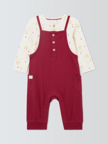 John Lewis Baby Ribbed Dungarees & Long Sleeve Top Set, Burgundy, Burgundy