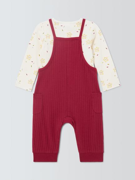 John Lewis Baby Ribbed Dungarees & Long Sleeve Top Set, Burgundy - view 2, Burgundy