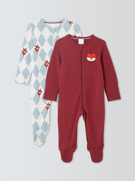 John Lewis Baby Fox Zip-Up Sleepsuits, Pack of 2, Burgundy Multi, Burgundy Multi