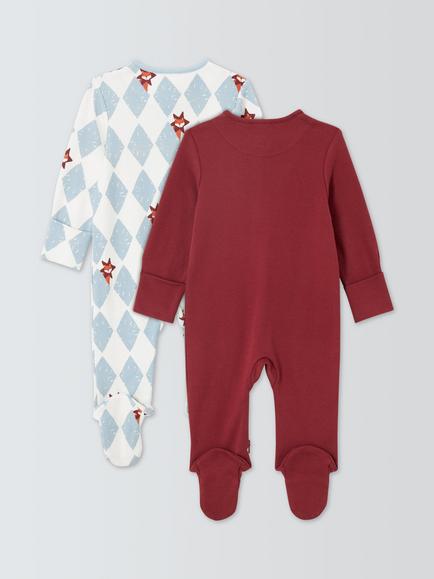 John Lewis Baby Fox Zip-Up Sleepsuits, Pack of 2, Burgundy Multi - view 2, Burgundy Multi