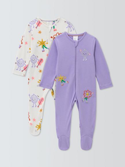 John Lewis Baby Disco Zip-Up Sleepsuits, Pack of 2, Purple Multi, Purple Multi