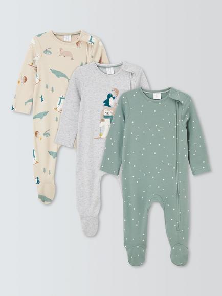 John Lewis Baby Arctic Zip-Up Sleepsuits, Pack of 3, Grey Multi, Grey Multi