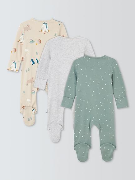 John Lewis Baby Arctic Zip-Up Sleepsuits, Pack of 3, Grey Multi - view 2, Grey Multi