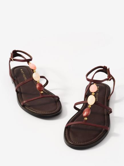 Mint Velvet Hana Beaded Leather Strappy Sandals, Dark Burgundy/Multi - view 2, Dark Burgundy/Multi