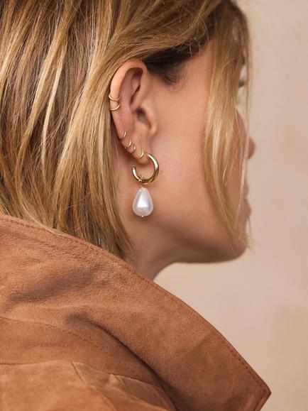 Mint Velvet Pearl Drop Hoop Earrings, Gold/White - view 2, Gold/White
