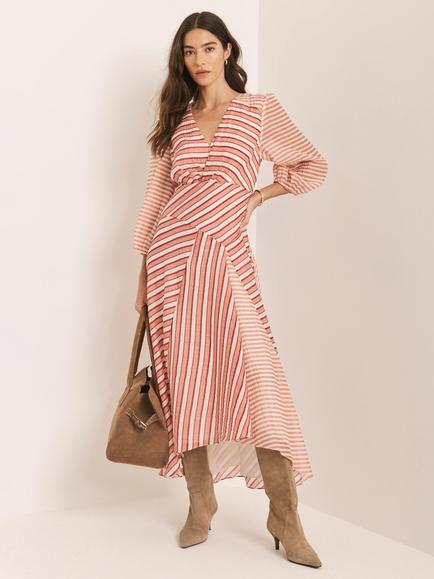 Mint Velvet Pannelled Stripe Midi Dress, Orange/White, Orange/White
