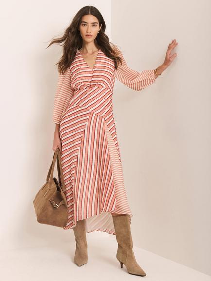 Mint Velvet Pannelled Stripe Midi Dress, Orange/White - view 2, Orange/White
