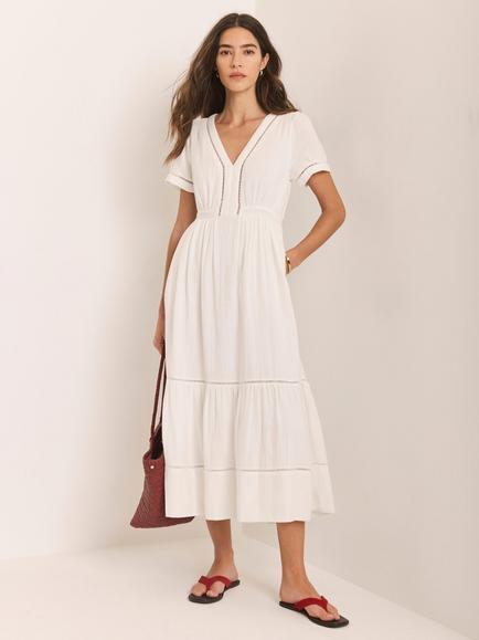 Mint Velvet Open Stitch Trim Midi Dress, White, White