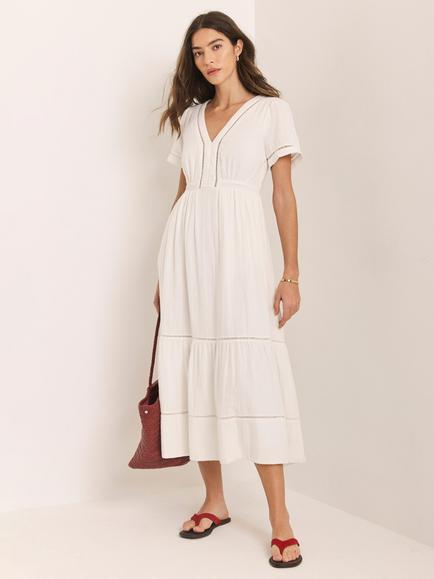 Mint Velvet Open Stitch Trim Midi Dress, White - view 2, White