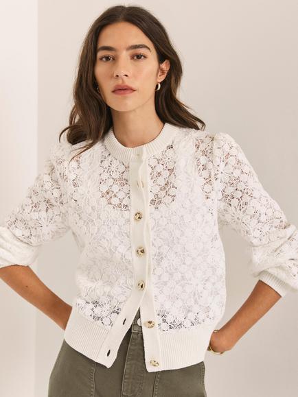 Mint Velvet Puff Shoulder Lace Jacket, Cream - view 2, Cream