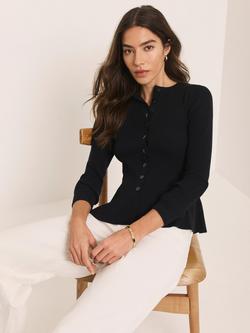 Mint Velvet Ribbed Peplum Hem Cardigan, Navy - view 2, Navy