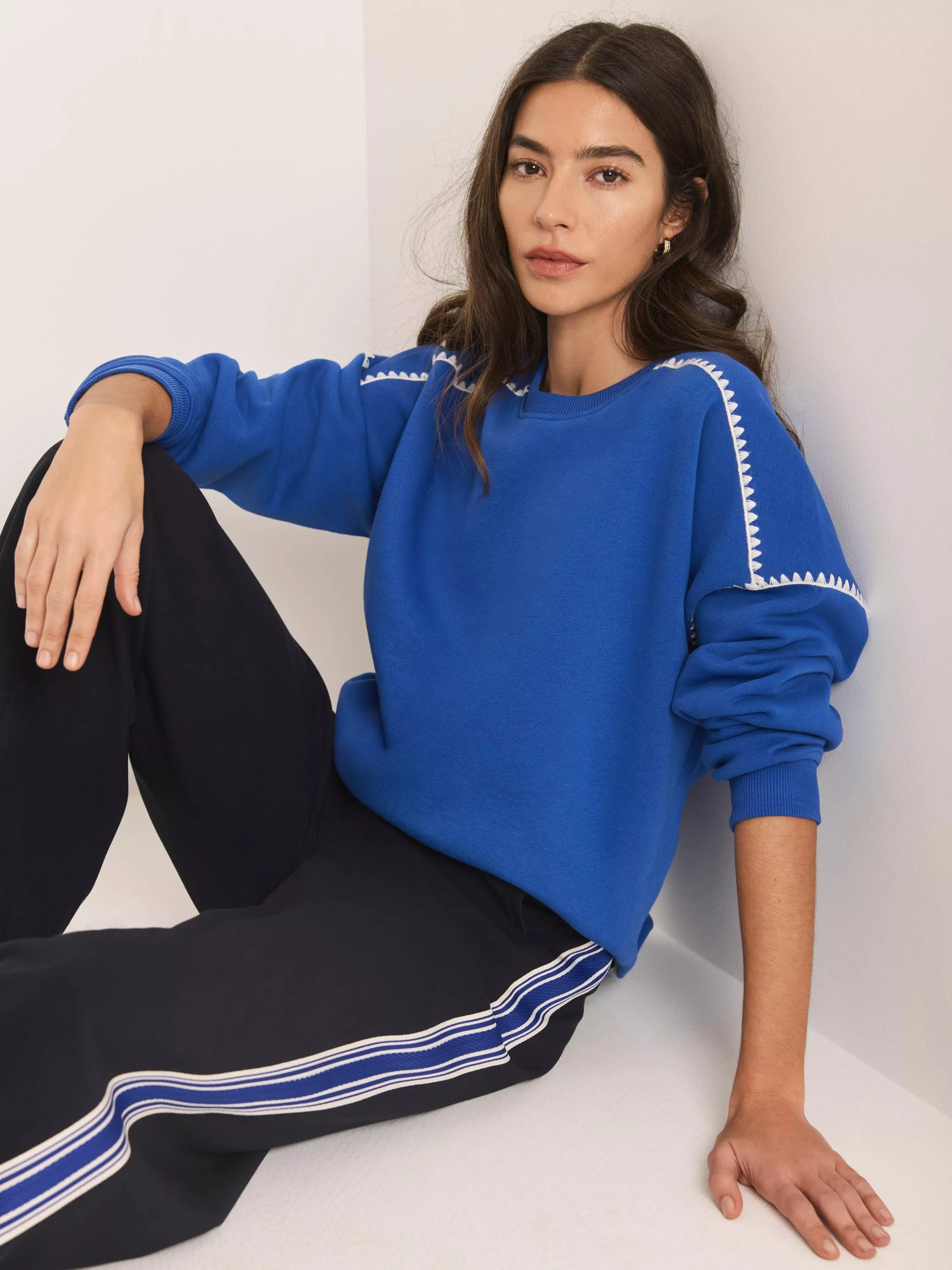 Mint Velvet Crew Neck Whipstitch Detail Sweatshirt, Blue/White