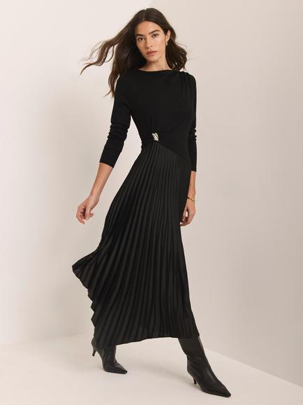 Mint Velvet Pleated Asymmetric Midi Dress, Black, Black