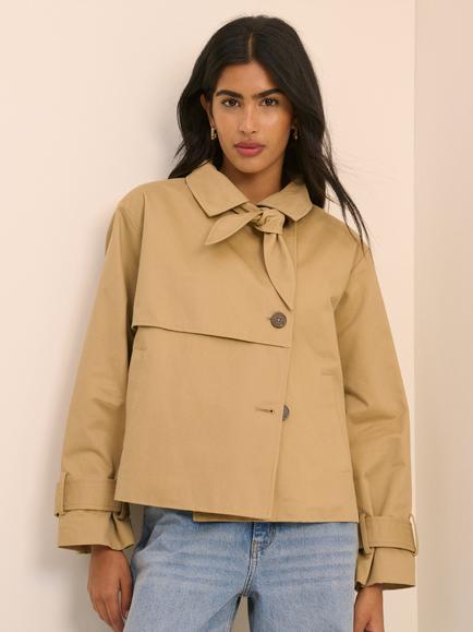 Nobody's Child Cropped Tie Neck Trench Coat, Light Brown, Light Brown