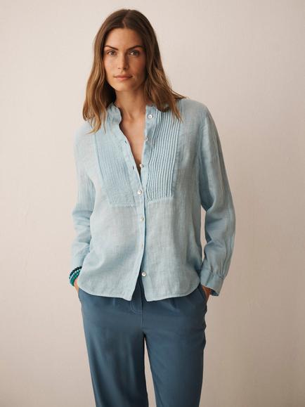 NRBY X BOYD Zoe Pintuck Pure Linen Shirt, Aquamarine, Aquamarine