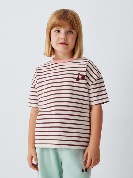 John Lewis Kids' Striped Cherry T-Shirt, Red/Pink/White, Red, Pink, White