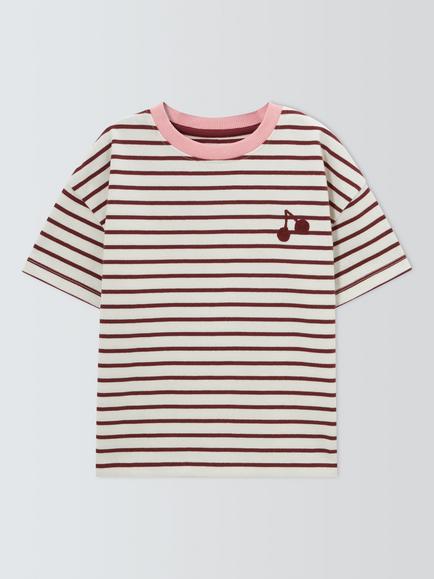 John Lewis Kids' Striped Cherry T-Shirt, Red/Pink/White, Red, Pink, White