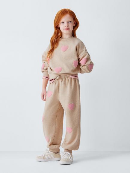 John Lewis Kids' Heart Embroidered Joggers, Oatmeal - view 2, Oatmeal