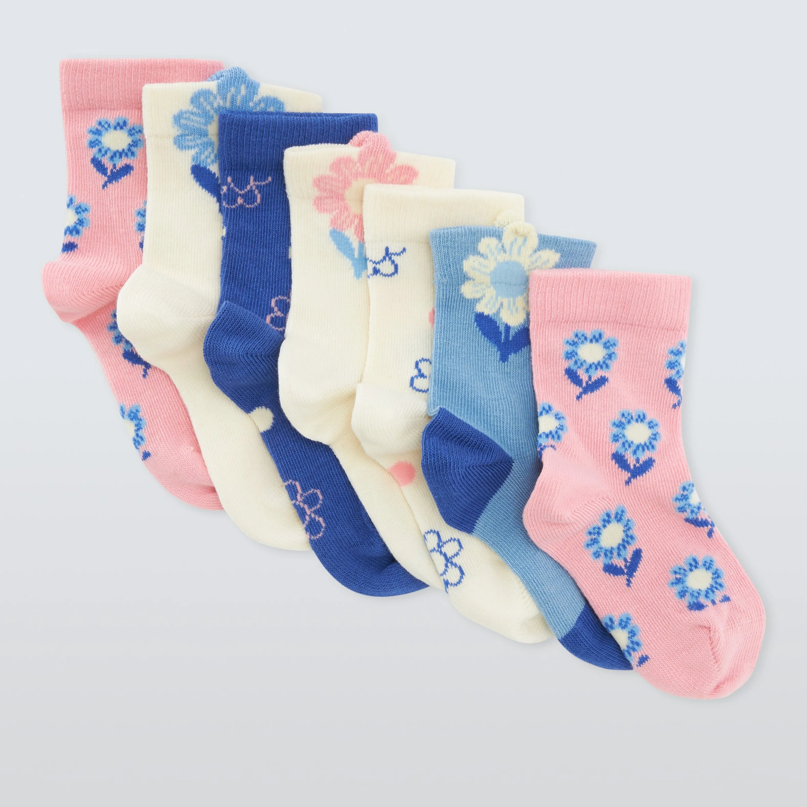 Pack of pastel floral baby socks in pink, cream and blue, cotton-rich ankle socks for newborns and infants