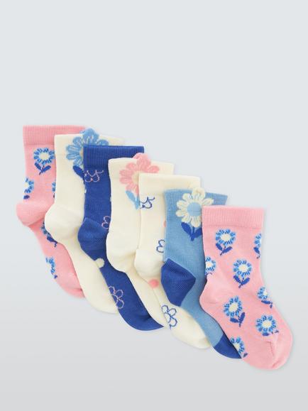 John Lewis Kids' Organic Cotton Floral Ankle Socks, Pack of 7, Multi, Multi