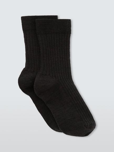 John Lewis Ribbed Wool Crew Socks, Black, Black