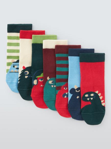John Lewis Kids' Organic Cotton Monster Ankle Socks, Pack of 7, Multi, Multi