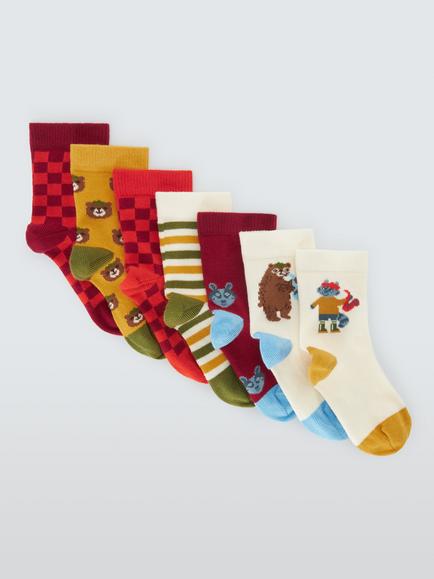 John Lewis Kids' Organic Cotton Musical Animal Ankle Socks, Pack of 7, Multi