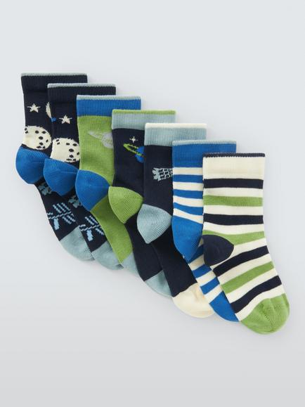 John Lewis Kids' Organic Cotton Space Ankle Socks, Pack of 7, Multi, Multi