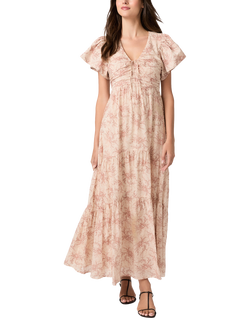 PAIGE Kinga Floral Print Flutter Sleeve Cotton Midi Dress, Cream/Pink, Cream/Pink