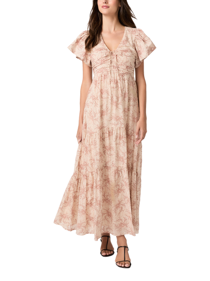 PAIGE Kinga Floral Print Flutter Sleeve Cotton Midi Dress, Cream/Pink, Cream/Pink