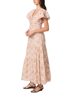 PAIGE Kinga Floral Print Flutter Sleeve Cotton Midi Dress, Cream/Pink - view 2, Cream/Pink