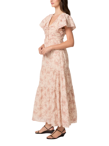 PAIGE Kinga Floral Print Flutter Sleeve Cotton Midi Dress, Cream/Pink - view 2, Cream/Pink