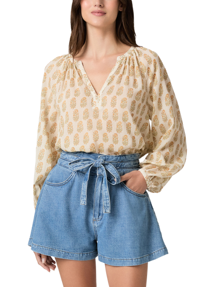 PAIGE Olvera V-Neck Floral Embroidered Cotton Blouse, Cream/Orange, Cream/Orange