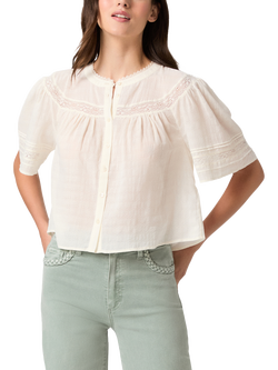 PAIGE Pasadena Short Sleeve Lace Trim Cotton Blend Blouse, White, White