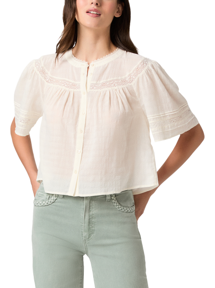 PAIGE Pasadena Short Sleeve Lace Trim Cotton Blend Blouse, White, White