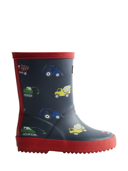 Hunter Kids' First Construction Print Wellington Boots, Navy/Military Red, Navy/Military Red