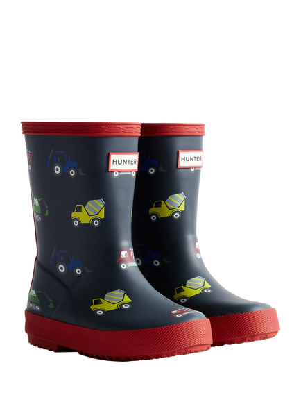 Hunter Kids' First Construction Print Wellington Boots, Navy/Military Red - view 2, Navy/Military Red