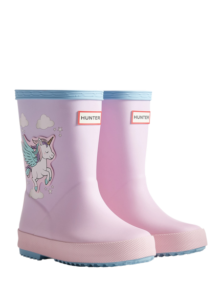 Hunter Kids' First Unicorn Print Wellington Boots, Blue/Parfait Pink - view 2, Blue/Parfait Pink