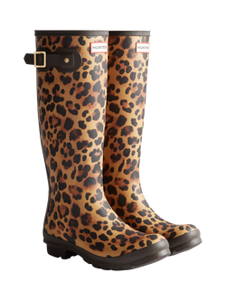 Hunter Original Tall Leopard Print Wellington Boots, Brown - view 2, Brown