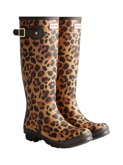 Hunter Original Tall Leopard Print Wellington Boots, Brown - view 2, Brown
