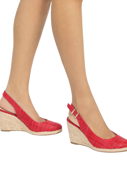 Dune London Capable Wide Fit Raffia Wedge Heel Court Shoes, Red - view 2, Red