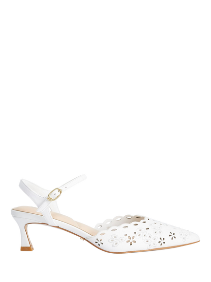 Dune London Convincing Floral Cut Kitten Heel Court Shoes, White Leather