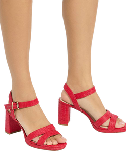 Dune London Manifesting Raffia Block Heeled Sandals, Red - view 2, Red