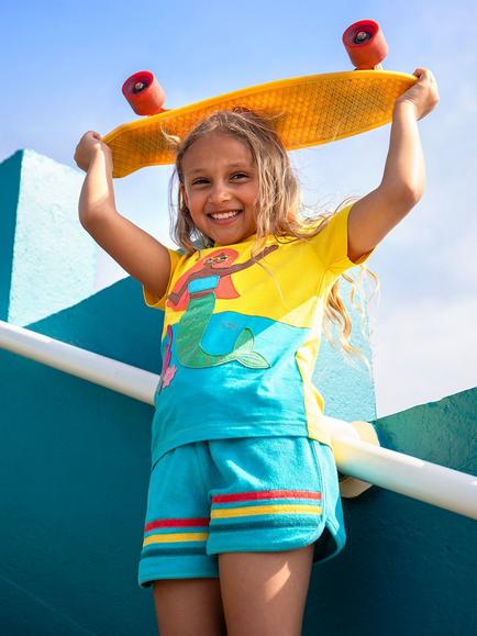 Frugi Kids' Coast Stripe Towelling Shorts - view 2, Tropical Sea