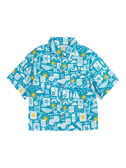 Frugi Kids' Ellison Cotton Short Sleeve Shirt, Blue Beach Times, Blue Beach Times