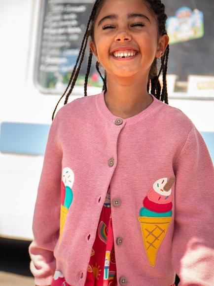 Frugi Kids' Rosa Ice Cream Applique Cardigan, Pink Marl - view 2, Pink Marl