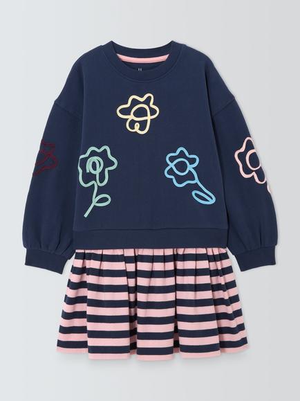 John Lewis Kids' Floral Stripe Half & Half Dress, Multi, Multi